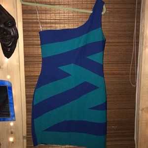 One shoulder NWOT blue/teal cocktail mini dress